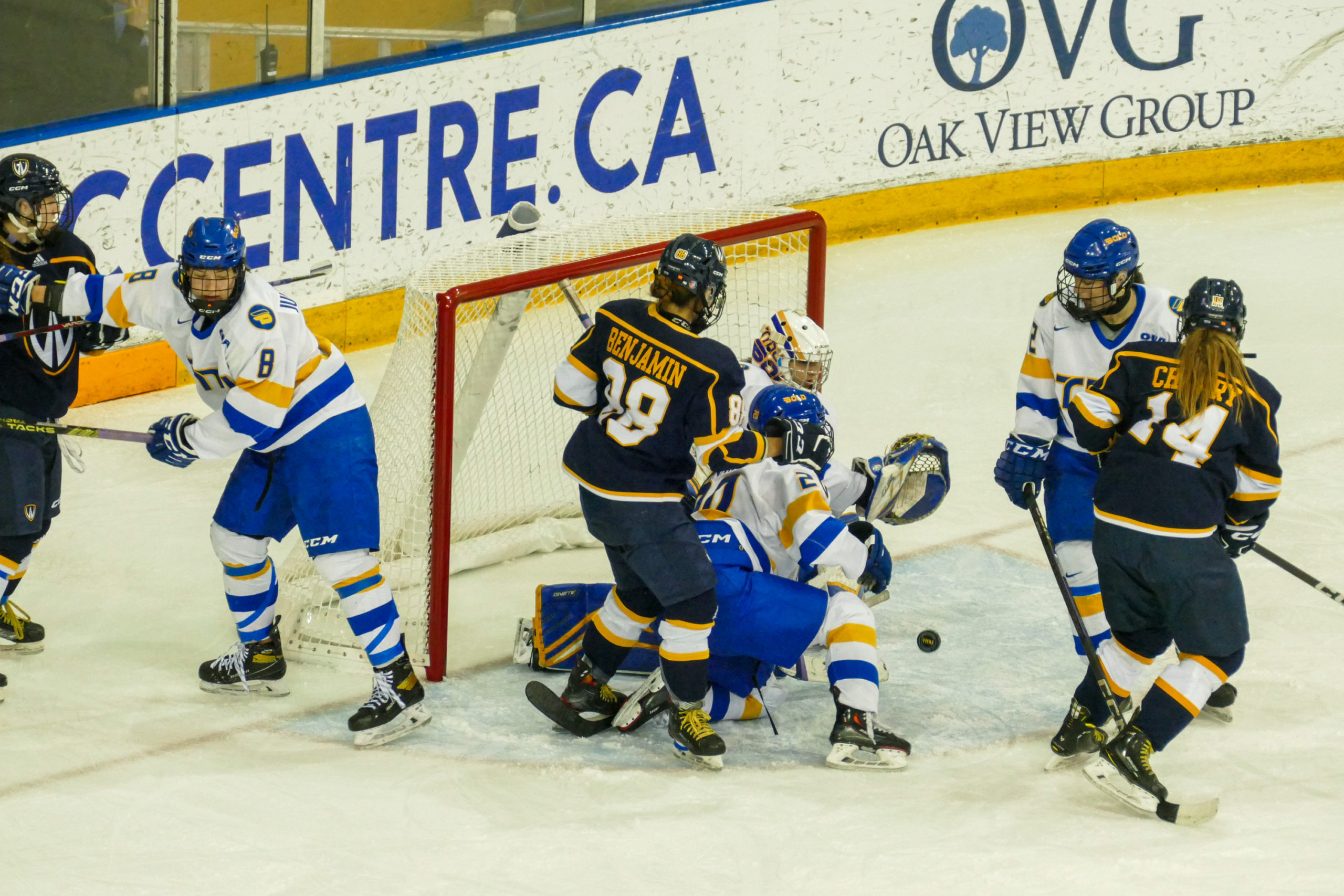 The puck sliding in front of the net