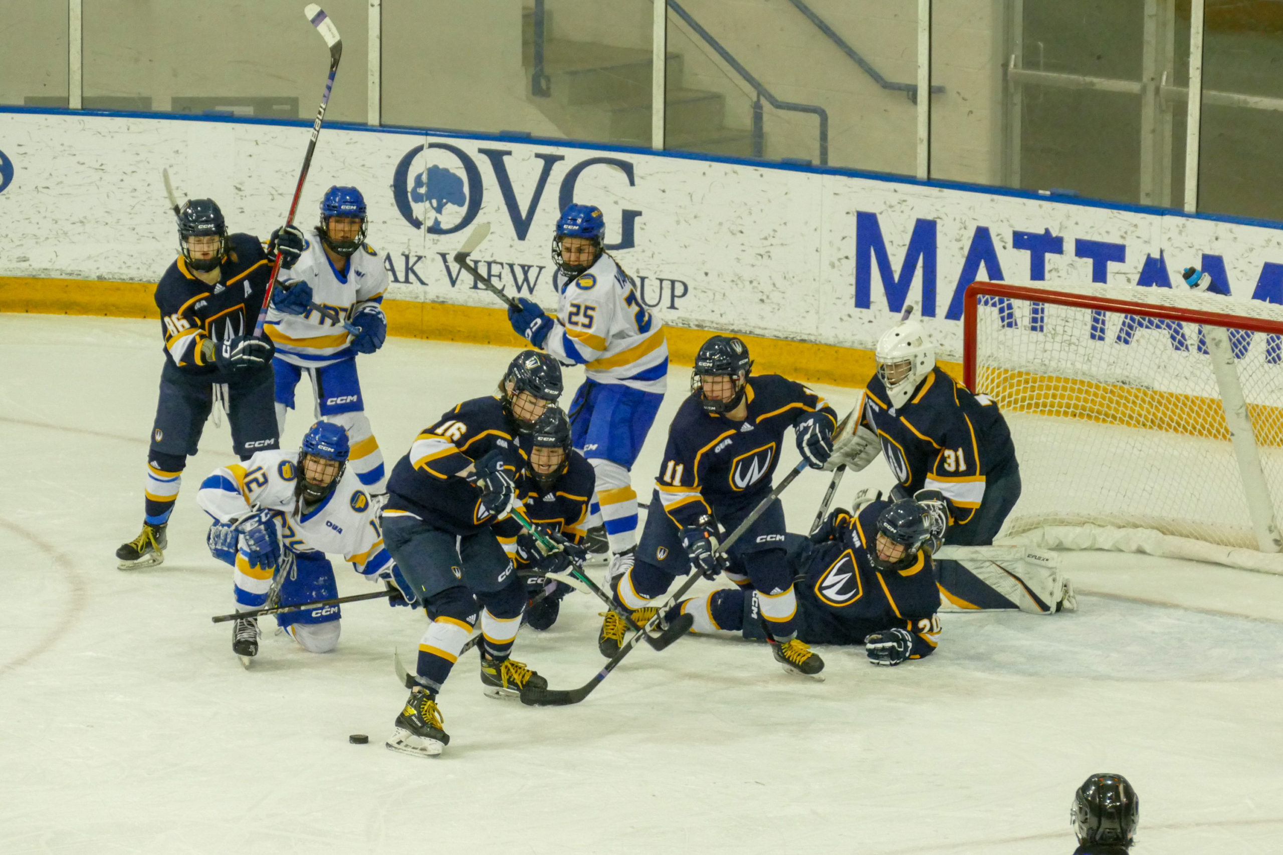 A lot players looking at the puck