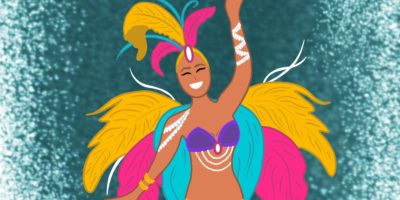 An illustration of a vibrant caribana dancer wearing a colorful feathered headdress, a purple costume adorned with pearls, and gold accessories, set against a glittering teal background.