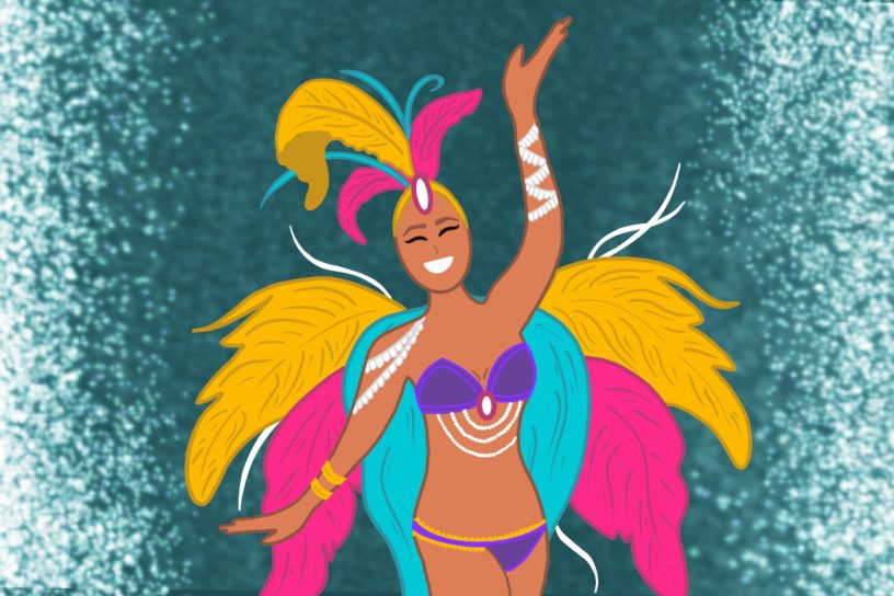 An illustration of a vibrant caribana dancer wearing a colorful feathered headdress, a purple costume adorned with pearls, and gold accessories, set against a glittering teal background.