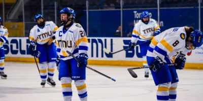 The TMU Bold women's hockey after a loss against the Golden Hawks