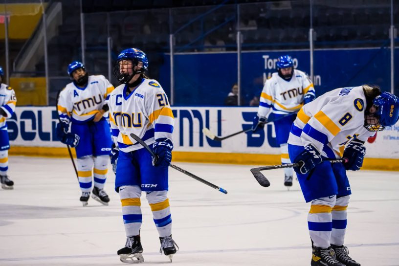 The TMU Bold women's hockey after a loss against the Golden Hawks