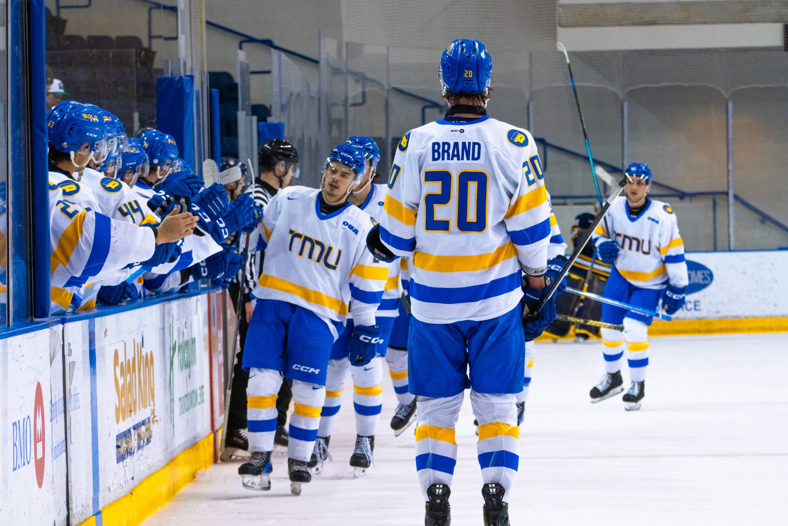 Spencer Shugrue celebrating the first goal of the night with the bench