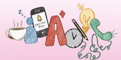 A colorful illustration symbolizing exam preparation, featuring a cup of coffee, a sleeping person icon, a phone with a "Chem Test @ 6pm" reminder, an "A+" grade, a clock, a light bulb, a pencil, and a tangled phone cord.