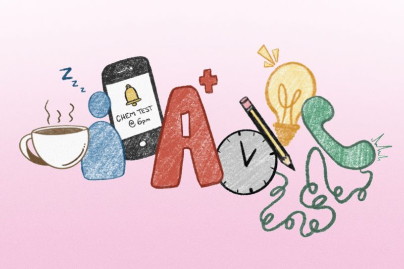 A colorful illustration symbolizing exam preparation, featuring a cup of coffee, a sleeping person icon, a phone with a "Chem Test @ 6pm" reminder, an "A+" grade, a clock, a light bulb, a pencil, and a tangled phone cord.