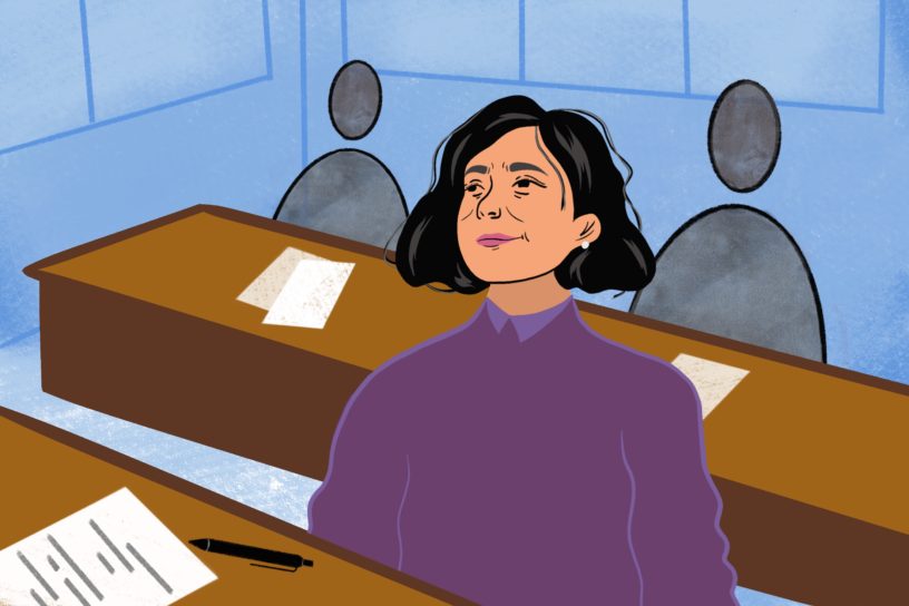 An illustration of a mature student sitting in a classroom.