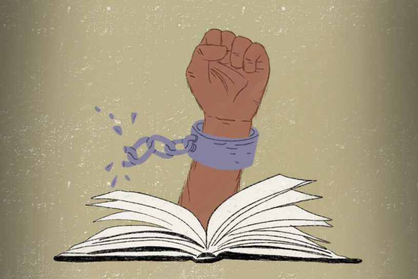 An illustration of an open book from which a brown-skinned fist emerges, breaking a chain attached to its wrist.