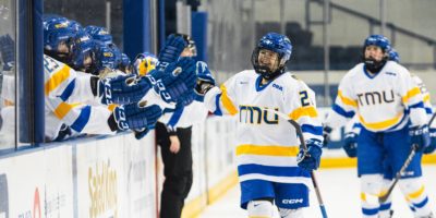 Jess Pollard celebrating her first goal with TMU