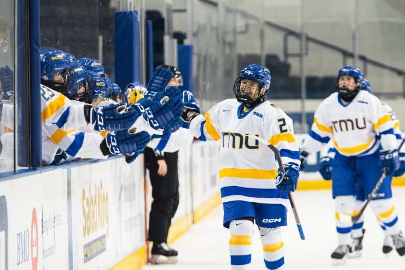 Jess Pollard celebrating her first goal with TMU