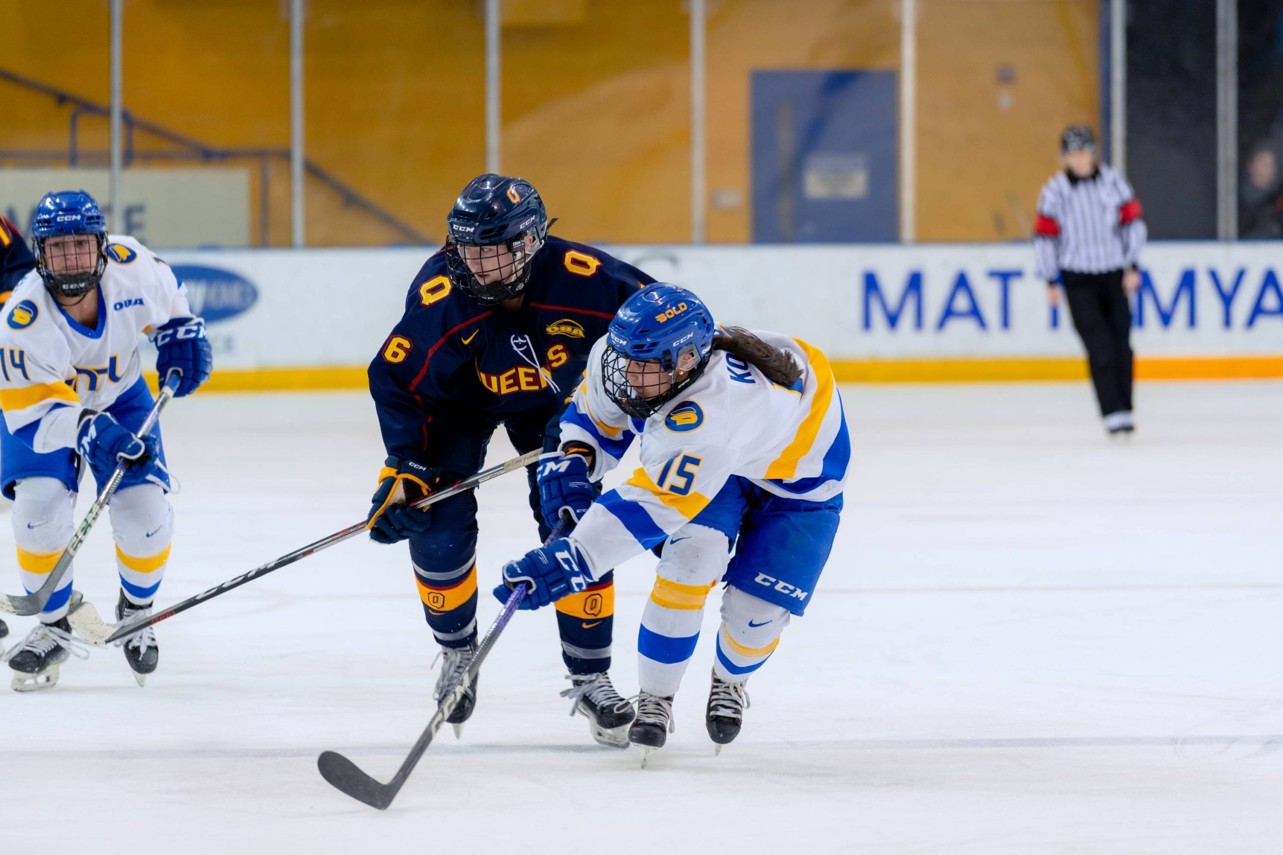 Two players battling for the puck