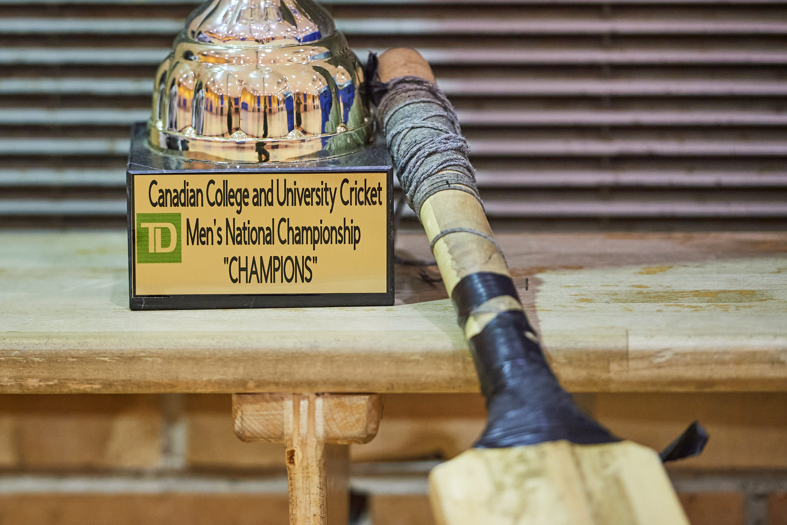 the trophy of the national champions and a beaten down bat