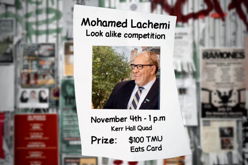 A poster along a blurred out wall, with a photo of Mohamed Lachemi reading "Mohamed Lachemi Look alike competition."