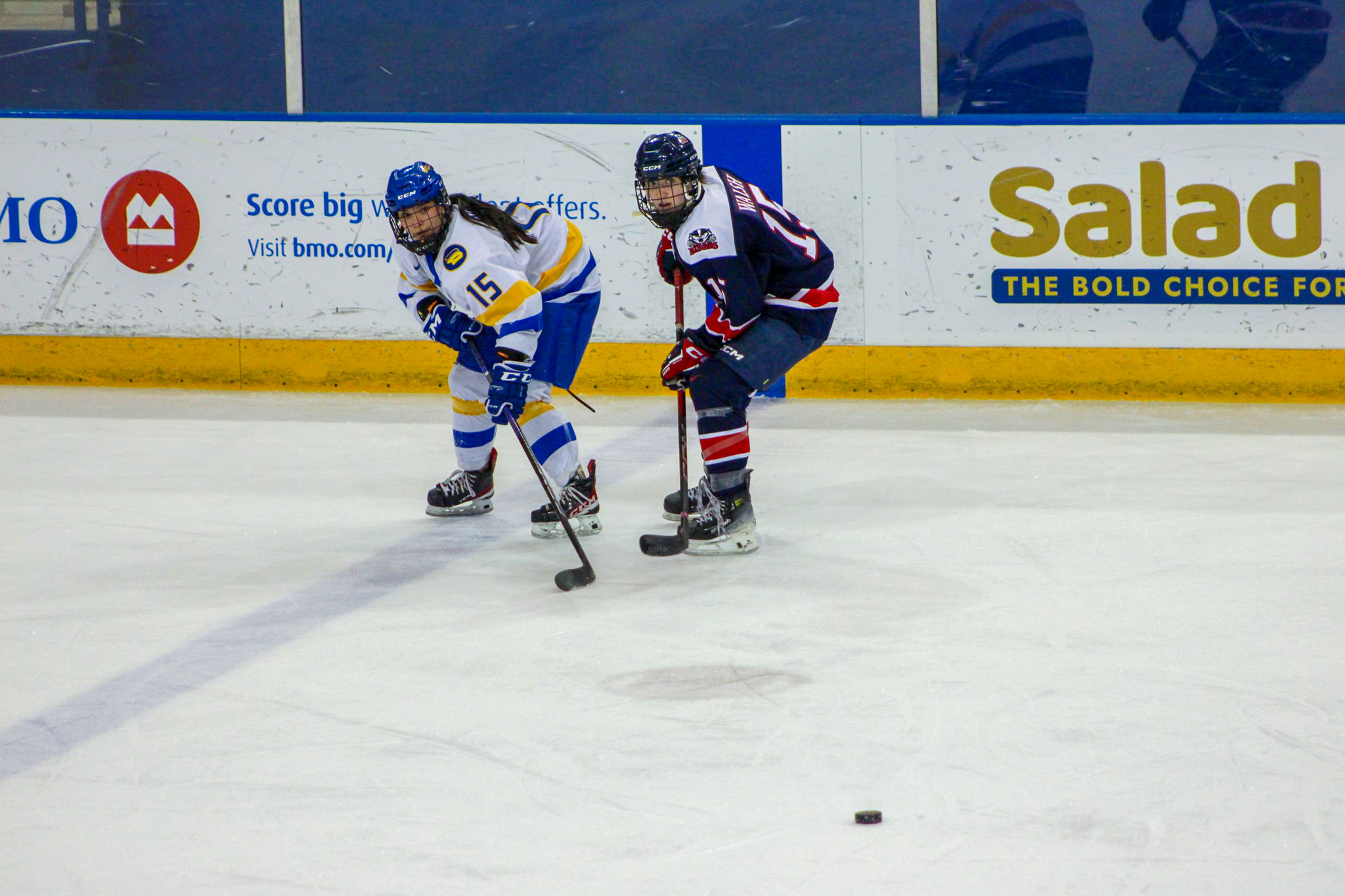 two players looking at the puck