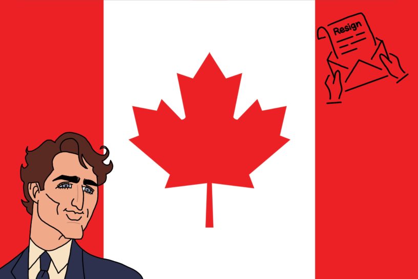 An illustration of Justin Trudeau over a Canadian flag, with a resignation letter in the top right.