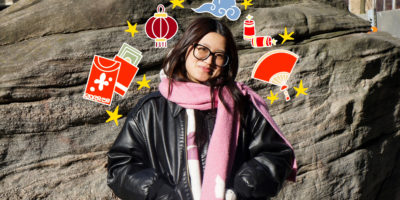 An image of a student at Toronto Metropolitan University with illustrations around her head of items that arr related to Chinese Lunar New Year