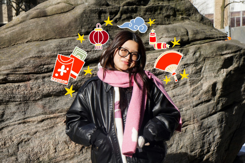 An image of a student at Toronto Metropolitan University with illustrations around her head of items that arr related to Chinese Lunar New Year