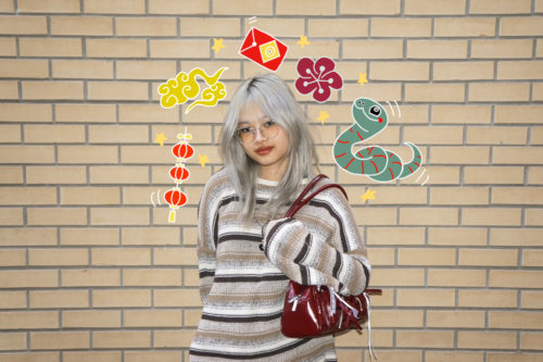 An image of a student at Toronto Metropolitan University with illustrations around her head of items that arr related to Chinese Lunar New Year