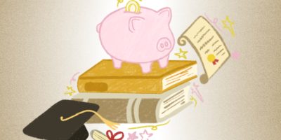 A colorful illustration that showcases a graduation cap, scroll and a pile of books on which a piggy bank stands.