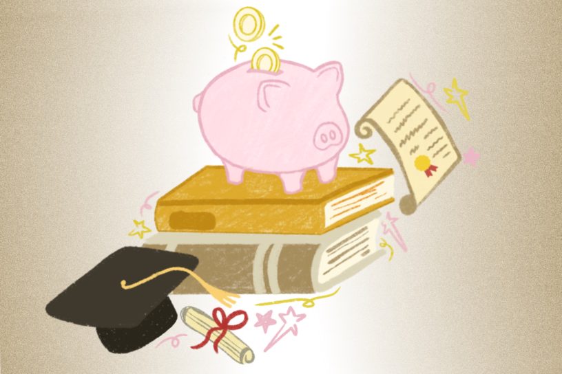 A colorful illustration that showcases a graduation cap, scroll and a pile of books on which a piggy bank stands.