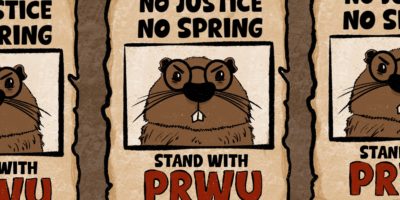 An illustration of hung posters that read “no justice no spring stand with PRWU”