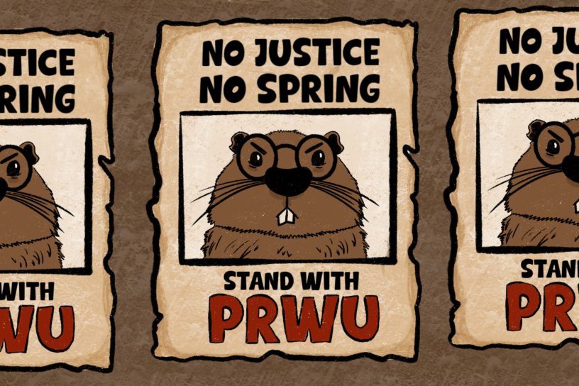 An illustration of hung posters that read “no justice no spring stand with PRWU”