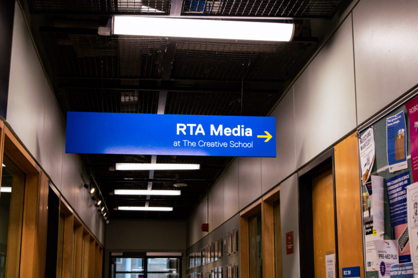 A board sign inside of the Rogers Communication Centre of the RTA media department.