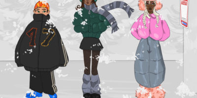 An illustration with 3 people standing at a TTC stop. The people in the illustration are wearing big jackets and scarves to cover themselves from the cold.