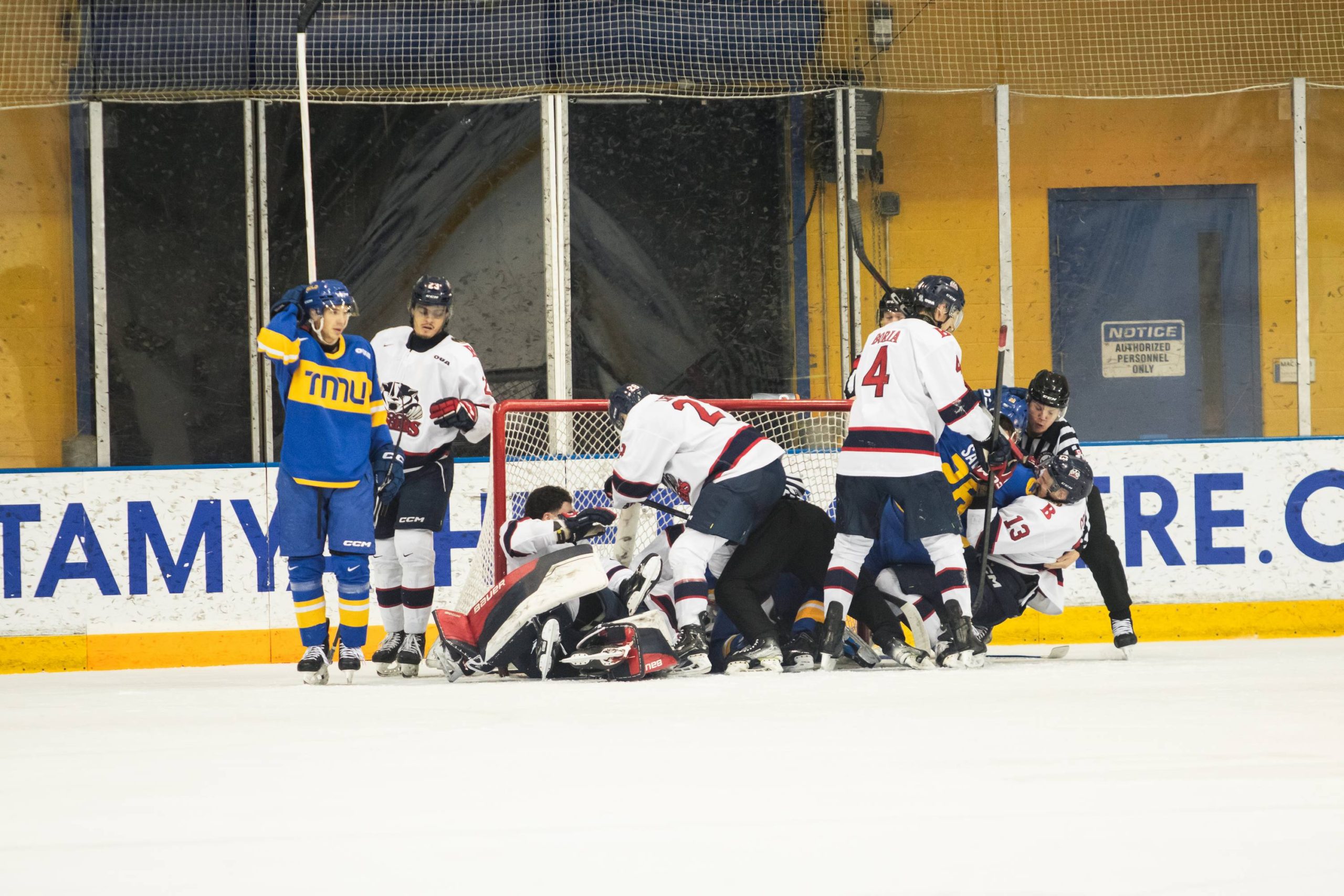 Brock Badgers and TMU Bold players battle at the Brock net