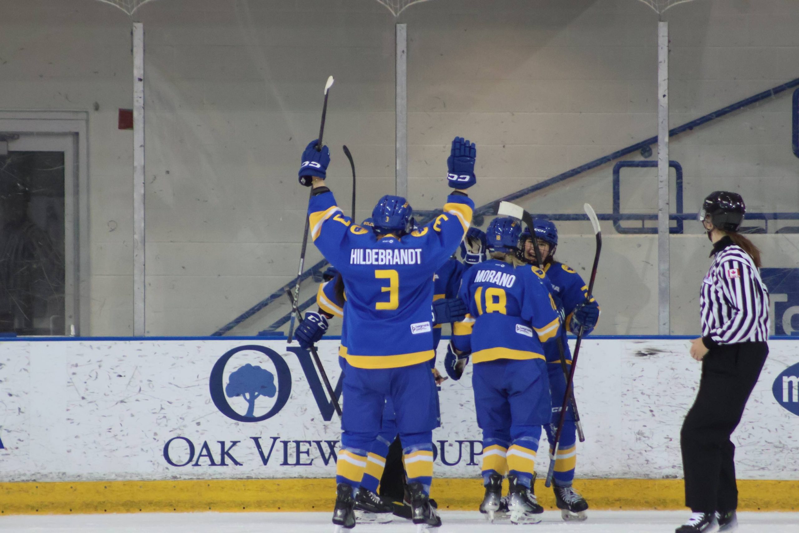 The TMU Bold women's hockey team celebrating a goal