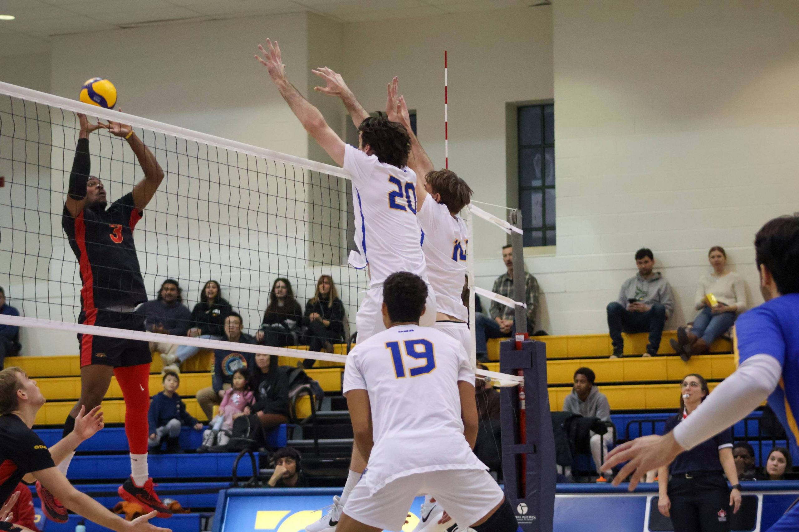 A Gryphons player sending the ball over the TMU wall