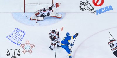 Photo of hockey game between TMU team and UNB team with doodles of scale, rules, NCAA logo, whistle and people talking at a round table