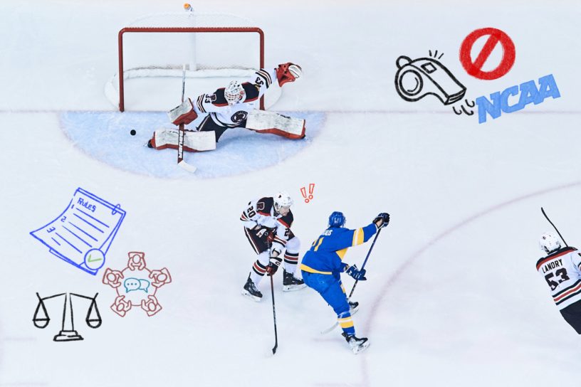 Photo of hockey game between TMU team and UNB team with doodles of scale, rules, NCAA logo, whistle and people talking at a round table