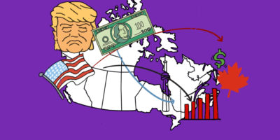 An illustration of the Canadian map with doodles of Donald Trump, the American flag & dollar on the top left corner. Doodles of the CN tower, a bar graph and maple leaf on the bottom right corner.