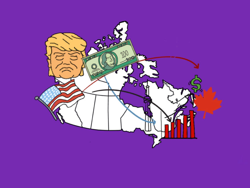 An illustration of the Canadian map with doodles of Donald Trump, the American flag & dollar on the top left corner. Doodles of the CN tower, a bar graph and maple leaf on the bottom right corner.