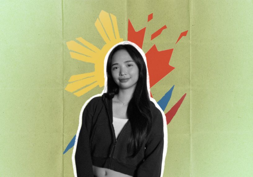 A photo illustration of the writer behind the Filipino golden sun and the Canadian maple leaf