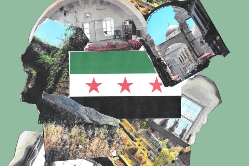 A collage of different parts of Syria with the Syrian flag in the centre