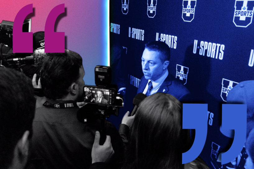 A color burned photo of Gee-Gee's head coach Patrick Grandmaitre being interviewed.