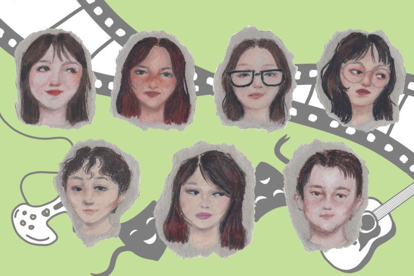 Illustrations of individuals faces cut out with illustrations of a guitar, film reel, game controller and theatre masks behind them. The background is green.
