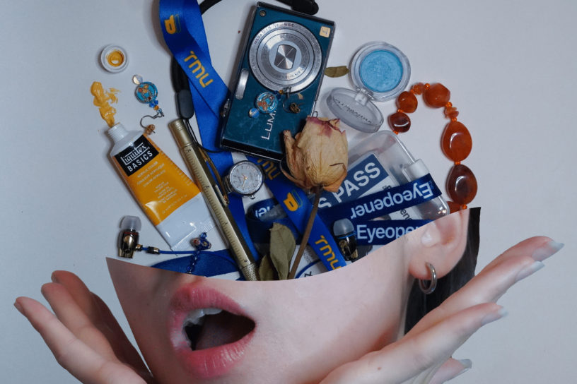 A collage of an individual's head split with random objects laid out on the upper half.
