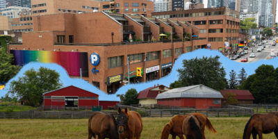 A composite image of a farm on the bottom and a busy city on the top half of the frame. A blue line separates both images.