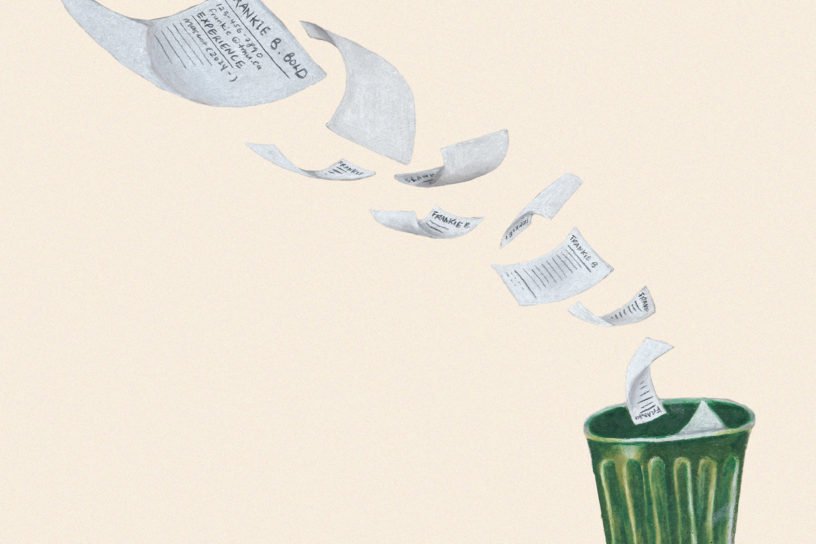 An illustration of resumes fluttering across the frame into a green garbage can on the bottom right side of the frame.