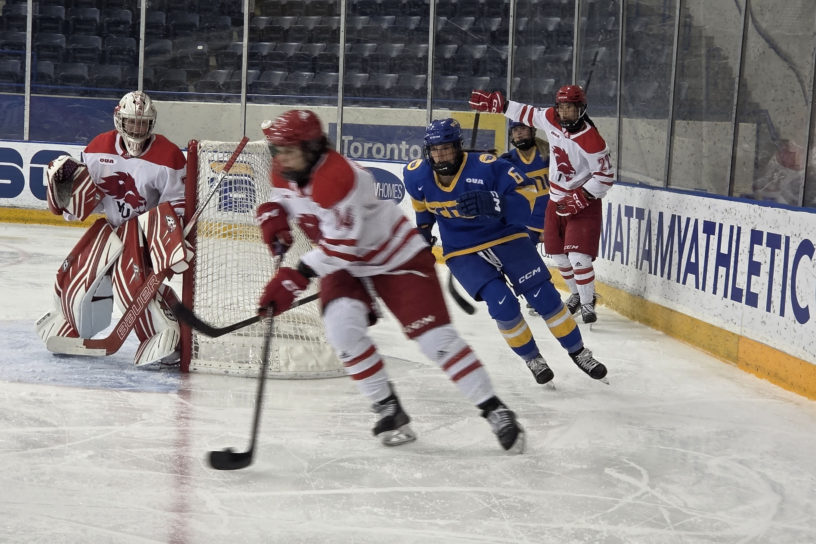 A York player keeps the puck away from the net