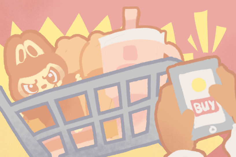 Illustration of an orange Labubu stuffed toy and pink water bottle in a grey shopping cart. Hands holding a phone with the word “buy” on it, in front of the shopping cart.