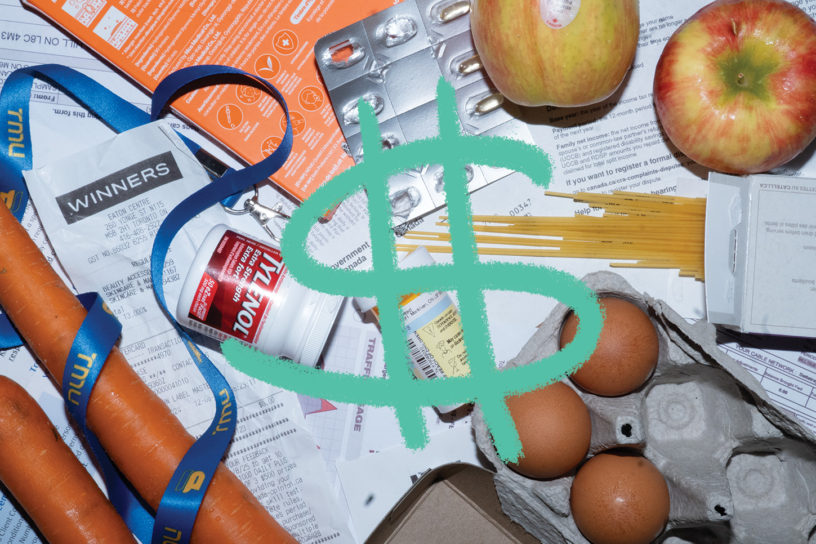 Photo of eggs, carrots, apples, spaghetti and various medications on top of receipts and bills. Illustration of a green dollar sign on top.