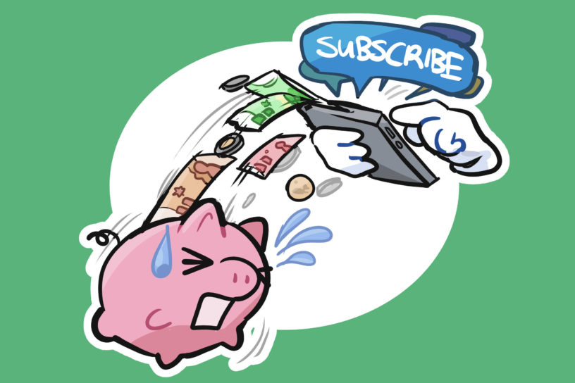 Illustration of money coming out of a piggybank that is feeding into a cellphone with a notification saying "Subscribe".