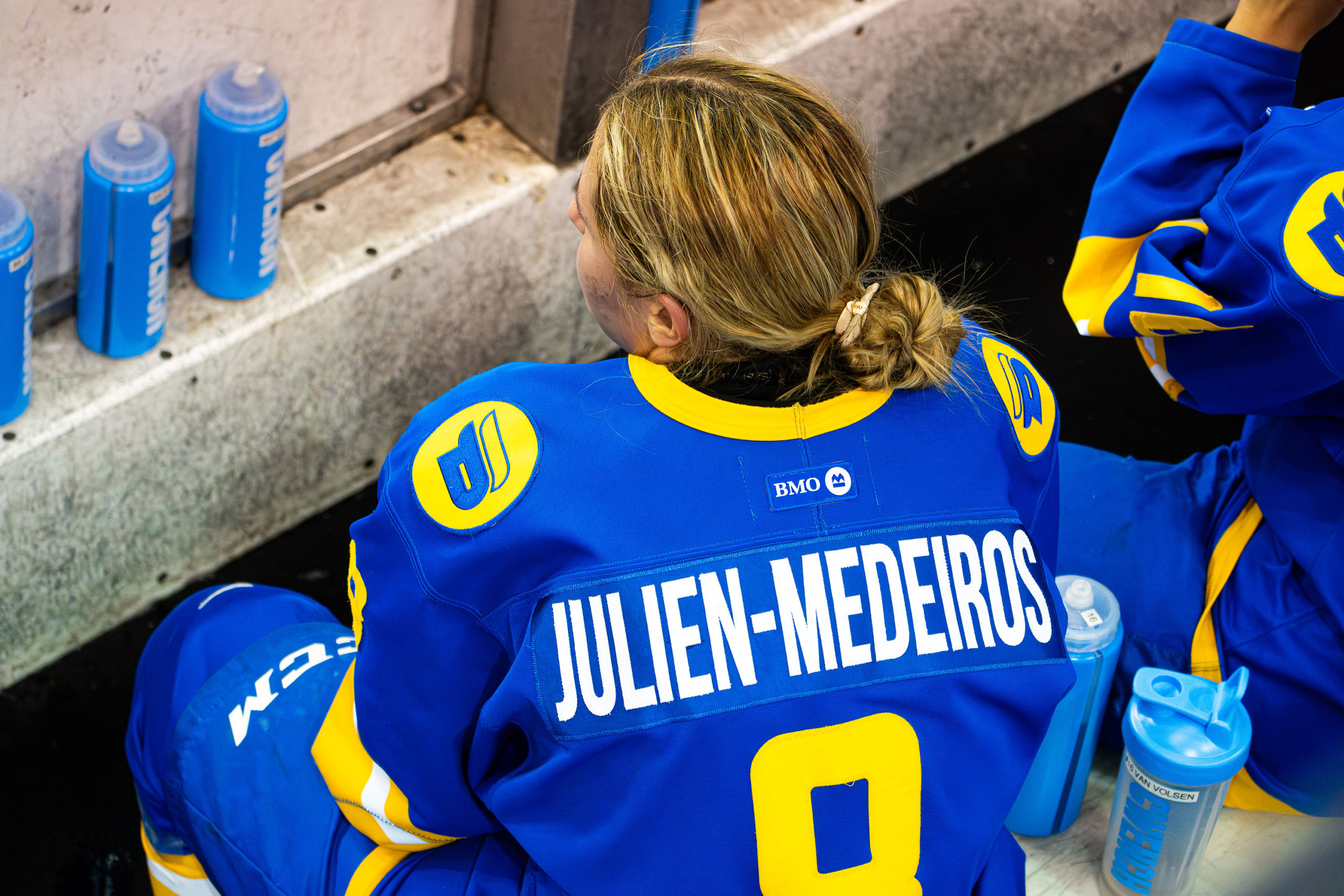 Ahalya Julien-Medeiros sits on the TMU bench