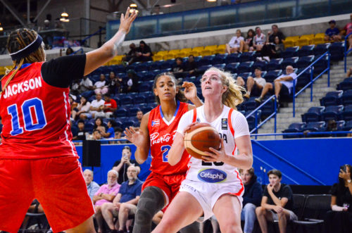 Avery Howell pulling up for a jump shot on the baseline over a Puerto Rican defender