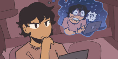 Illustration of a person in a lecture hall, there is a though bubble which depicts them on their laptop stressed out.