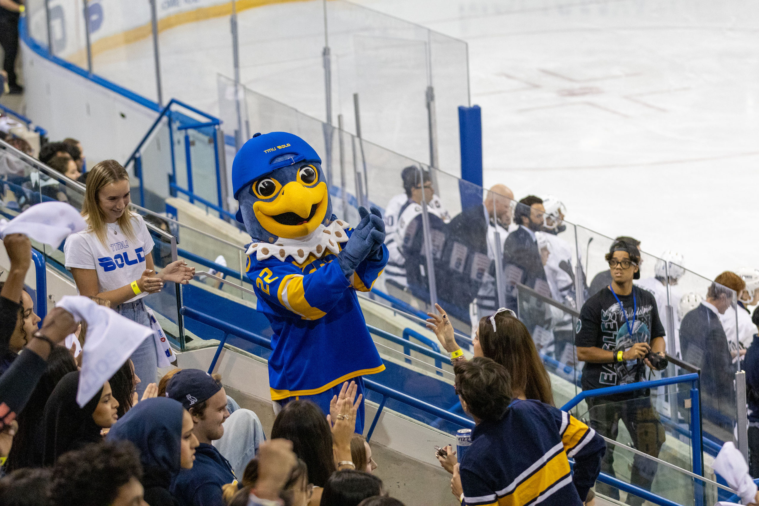 Frankie the Falcon hypes up the crowd