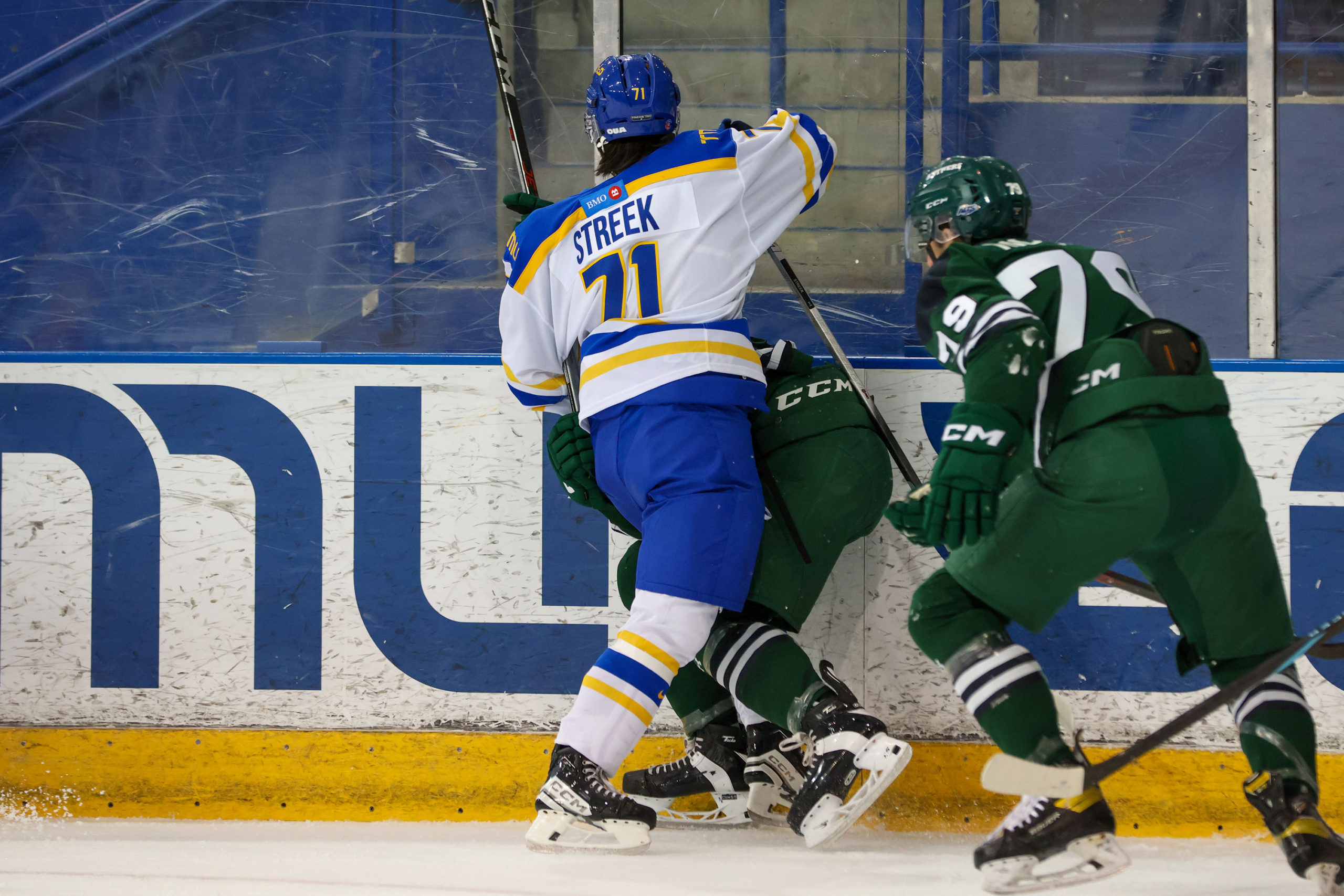 A TMU player pushes a UPEI player into the boards